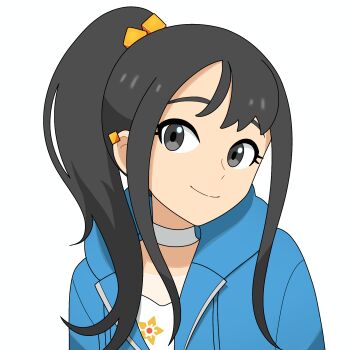 Rule 34 | 1girl, absurdres, alternate hairstyle, black eyes, black hair, blue jacket, character print, closed mouth, commentary request, cube hair ornament, ear piercing, eyelashes, gen 1 pokemon, hair ornament, highres, hood, hood down, hooded jacket, ichigo 15 36, jacket, lida (pokemon), long hair, nintendo, open clothes, open jacket, piercing, pokemon, pokemon legends: z-a, ponytail, portrait, shirt, simple background, smile, solo, split mouth, staryu, white background, white shirt