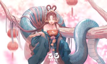 1girl absurdres aqua_kimono aqua_nails bare_shoulders breasts highres japanese_clothes kimono lamia liliantsai0417 lips long_hair looking_at_viewer monster_girl original red_hair scales small_breasts snake_girl tail traditional_youkai tree very_long_hair yellow_eyes