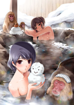 2girls artist_name bare_shoulders blue_hair breasts brown_hair collarbone commentary_request completely_nude crossed_arms domestic_na_kanojo food fruit fujii_natsuo green_eyes highres holding_snowman japanese_macaque large_breasts looking_at_viewer mandarin_orange monkey multiple_girls nude official_art onsen outdoors partially_submerged red_eyes sasuga_kei short_hair siblings sisters snow snowman tachibana_hina tachibana_rui towel towel_on_head wooden_wall