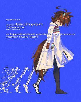 agnes_tachyon_(tach-nology)_(umamusume) agnes_tachyon_(umamusume) animal_ears blue_background bone brown_hair commentary definition feet head_tilt highres horse_ears horse_girl jritzzz lab_coat no_shoes skeleton tail test_tube umamusume untranslatable_commentary walking