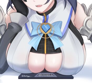 Rule 34 | 1girl, absurdres, black gloves, black hair, blue bow, bow, breast focus, breasts, brulee, cleavage, detached sleeves, fang, gloves, grey sleeves, heart-shaped gem, highres, hololive, hololive english, huge breasts, open mouth, ouro kronii, ouro kronii (1st costume), shirt, simple background, solo, teeth, upper teeth only, virtual youtuber, weighing breasts, weighing scale, white background, white shirt