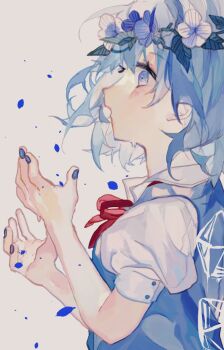 1girl blue_eyes blue_flower blue_hair blue_nails blush cirno commentary_request fingernails flower head_wreath highres neck_ribbon open_mouth profile puffy_short_sleeves puffy_sleeves red_ribbon ribbon shinjitsu_no_kuchi shirt short_hair short_sleeves simple_background solo touhou upper_body white_background white_shirt