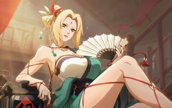 Rule 34 | 1girl, armpits, artist request, blonde hair, coin, coin on string, facial mark, female focus, folding fan, forehead mark, game cg, gourd, green kimono, hand fan, highres, japanese clothes, kimono, kimono partially removed, liquid (company), nail polish, naruto (classic), naruto (series), non-web source, solo, tsunade (naruto)