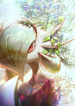 1girl bush collarbone colored_skin eyelashes female_focus gardevoir gen_3_pokemon green_hair hair_over_one_eye hand_up kimura_(kimuraconcept) leech_seed_(pokemon) mega_gardevoir mega_pokemon nintendo one_eye_covered parted_lips plant plant_growth pokemon pokemon_(creature) pokemon_move red_eyes short_hair solo upper_body white_skin