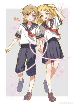 Rule 34 | 1boy, 1girl, absurdres, arrow through heart, bisho imobing hito, blonde hair, blue eyes, brown hair, commentary request, contemporary, green eyes, hetero, highres, holding hands, link, loafers, neckerchief, nintendo, open mouth, parted lips, pleated skirt, princess zelda, red neckerchief, sailor collar, school uniform, serafuku, shirt, shoes, short hair, sidelocks, skirt, the legend of zelda, the legend of zelda: breath of the wild, white shirt