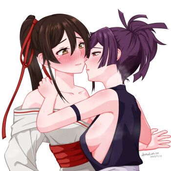 Rule 34 | absurdres, artist name, blush, commentary request, demalion, eye contact, full-face blush, hair ribbon, hand on another's shoulder, high ponytail, highres, imminent kiss, japanese clothes, jigokuraku, kimono, looking at another, ninja, no bra, off shoulder, ponytail, purple hair, purple kimono, ribbon, sash, white kimono, yamada asaemon sagiri, yuri, yuzuriha (jigokuraku)