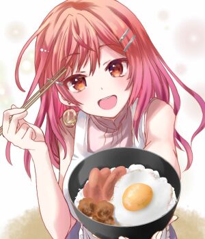 Rule 34 | 1girl, apron, blue shirt, blush, bowl, chopsticks, commentary request, earrings, egg, food, gold earrings, hair ornament, hairpin, holding, holding bowl, holding chopsticks, hololive, hololive dev is, ichijou ririka, ichijou ririka (1st costume), jewelry, long hair, looking at viewer, momozakura nanao, mushroom, noodles, orange eyes, orange hair, pink shirt, ramen, sausage, shirt, single earring, sleeveless, sleeveless shirt, smile, solo, virtual youtuber, white apron, white background