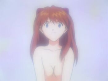 1girl animated anime_screenshot blue_eyes breasts brown_hair collarbone hair_between_eyes hair_ornament interface_headset_(evangelion) long_hair looking_at_viewer neon_genesis_evangelion no_nipples nude seductive_gaze seductive_smile small_breasts smile souryuu_asuka_langley tagme video
