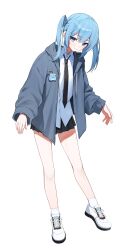 Rule 34 | 1girl, absurdres, arahashi tabi, black necktie, black skirt, blue eyes, blue hair, closed mouth, collared shirt, cross-laced footwear, full body, gnns, grey jacket, highres, hood, hooded jacket, jacket, long sleeves, looking at viewer, medium hair, necktie, open clothes, open jacket, shirt, shoes, simple background, skirt, smile, socks, solo, standing, stellive, twintails, virtual youtuber, white background, white footwear, white shirt, white socks