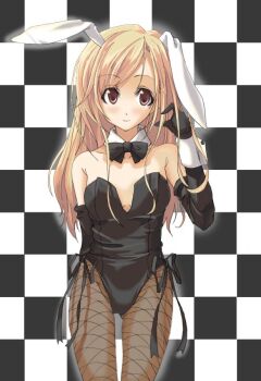 00s 1girl animal_ears blonde_hair blush bow bowtie brown_eyes checkered_background detached_collar elbow_gloves fake_animal_ears female_focus fishnet_pantyhose fishnets gloves long_hair luna_(reclaimed_land) maria-sama_ga_miteru pantyhose playboy_bunny rabbit_ears reference_work smile solo toudou_shimako wrist_cuffs
