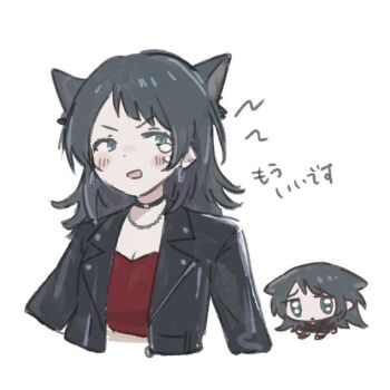 Rule 34 | 1girl, animal ears, bang dream!, bang dream! it's mygo!!!!!, black hair, black jacket, blue eyes, blush, breasts, chibi, cleavage, commentary, ear piercing, earrings, jacket, jewelry, kemonomimi mode, m (226mmy), medium hair, open mouth, piercing, red shirt, shirt, simple background, tearing up, translation request, white background, yahata umiri