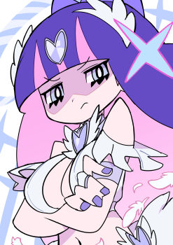 1girl absurdres bare_shoulders blue_eyes blunt_bangs bow breasts colored_inner_hair commentary_request feathers hair_bow hair_ornament highres large_breasts long_hair looking_at_viewer multicolored_hair panty_&amp;_stocking_with_garterbelt pink_hair purple_hair purple_nails simple_background solo sparkle stocking_(psg) two-tone_hair yuateheng