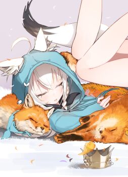 1girl absurdres ahoge animal_ears blue_hoodie braid bug butterfly chocosong closed_eyes commentary crown double-parted_bangs ears_through_hood fox fox_ears fox_girl fox_tail hair_between_eyes highres hololive hood hood_up hoodie insect legs_up long_hair lying on_back on_side open_mouth shirakami_fubuki side_braid single_braid solo tail untranslatable_commentary unworn_crown virtual_youtuber white_hair