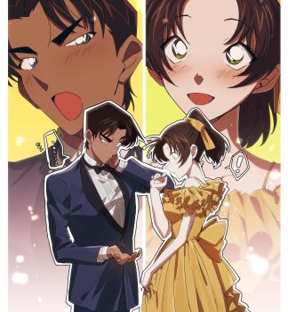 Rule 34 | !, ..., 1boy, 1girl, absurdres, back bow, black bow, black bowtie, blue eyes, blue jacket, blue pants, blue suit, blush, border, bow, bowtie, breasts, brown hair, collared shirt, commentary request, cowboy shot, dark-skinned male, dark skin, dress, formal clothes, frilled sleeves, frills, green eyes, hair ribbon, hattori heiji, hetero, highres, jacket, long hair, looking at another, medium breasts, meitantei conan, off-shoulder dress, off shoulder, open mouth, pants, parted bangs, parted lips, ponytail, ribbon, shirt, short hair, smile, spoken ellipsis, spoken exclamation mark, suit, suit jacket, susk tkc, tan, tooyama kazuha, white border, white shirt, yellow dress, yellow ribbon