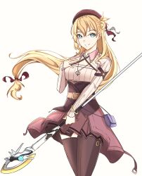 Rule 34 | 1girl, absurdres, agnes claudel, bag, beret, blonde hair, braid, braided bun, breasts, double-parted bangs, eiyuu densetsu, floating hair, green eyes, hair between eyes, hair bun, handbag, hat, highres, holding, holding staff, holding weapon, jewelry, kuro no kiseki, looking at viewer, low ponytail, mage staff, medium breasts, nyuusai, pendant, sidelocks, simple background, single side bun, smile, solo, staff, thighhighs, weapon, white background
