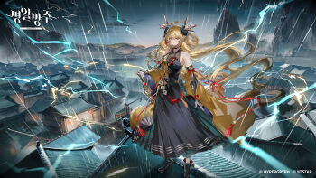 Rule 34 | 1girl, absurdres, arknights, bare shoulders, black dress, black shoes, blonde hair, building, copyright name, dress, full body, gloves, hand on weapon, high heels, highres, horns, kuuus, leizi (arknights), leizi the thunderbringer (arknights), lightning, long hair, looking at viewer, mountain, pointy ears, purple eyes, shoes, sky, sleeveless, sleeveless dress, solo, standing, tassel, white gloves