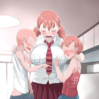 1girl 2boys age_difference angry blush breasts brother_and_sister brown_hair bulge closed_eyes erection erection_under_clothes huge_breasts huge_penis incest long_hair looking_at_viewer multiple_boys open_mouth original penis pt school_uniform short_hair siblings size_difference twintails