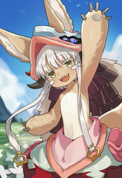 1girl absurdres amamiyayk animal_ears blue_sky claws commentary_request furry furry_female grass hat highres long_hair looking_at_viewer made_in_abyss nanachi_(made_in_abyss) open_mouth outdoors sky smile solo tail waving white_hair yellow_eyes