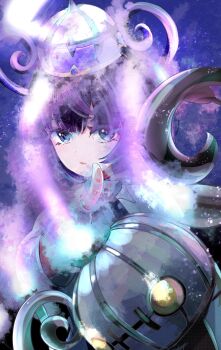 1girl black_hair chandelure coat fire gen_5_pokemon gwynn_(pokemon) hat highres index_finger_raised kws4k long_sleeves looking_at_viewer nintendo open_mouth pokemon pokemon_(creature) pokemon_legends:_z-a purple_fire short_hair upper_body white_coat