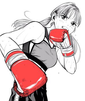 Rule 34 | 1girl, boxing, boxing gloves, boxing shorts, breasts, commentary request, gloves, greyscale, hatching (texture), highres, lee (dragon garou), low twintails, medium breasts, midriff, monochrome, mouth guard, original, red gloves, serious, shorts, solo, sports bra, spot color, sweat, twintails, upper body, very sweaty