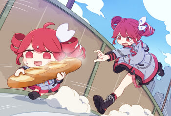 Rule 34 | 2girls, :d, ahoge, baguette, black boots, blush stickers, boots, bread, chibi, commentary request, day, drill hair, dual persona, food, full body, fumo (doll), grey shirt, grey skirt, hair ribbon, highres, holding, holding food, kame (kamepan44231), kasane teto, kasane teto (sv), long sleeves, multiple girls, open mouth, outdoors, outstretched arm, red eyes, red hair, ribbon, running, shirt, short hair, skirt, smile, sweat, synthesizer v, tears, twin drills, utau, white ribbon