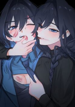 2girls black_hair blue_eyes blue_necktie blue_shirt blush braid breasts cleavage clothes_grab collared_shirt commentary dual_persona fang hair_intakes hololive hololive_english hunk_404 lipstick lipstick_mark lipstick_mark_on_breast lipstick_mark_on_face makeup multiple_girls necktie necktie_grab neckwear_grab one_eye_closed ouro_kronii selfcest shirt skin_fang smeared_lipstick smile sweat tongue tongue_out twin_braids virtual_youtuber yuri