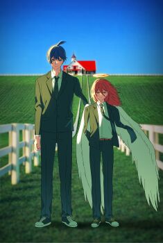 Rule 34 | 2boys, absurdres, amputee, angel devil (chainsaw man), black jacket, black necktie, black pants, black suit, blue eyes, blue hair, blue sky, chainsaw man, closed mouth, fence, formal clothes, full body, grass, hair between eyes, halo, hayakawa aki, highres, jacket, lapels, long hair, long sleeves, male focus, multiple boys, necktie, notched lapels, open clothes, open jacket, outdoors, p (flavorppp), pants, photo background, picket fence, ponytail, red eyes, red hair, short hair, short ponytail, sky, standing, straight-on, suit, wooden fence, yellow halo