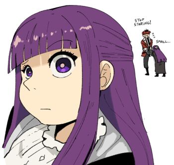 1boy 1girl apron black_coat black_hair coat commentary derivative_work english_commentary english_text fern_(sousou_no_frieren) flying_sweatdrops jacket looking_at_crotch meme multicolored_hair no_bitches?_(meme) purple_eyes purple_hair raised_eyebrow red_hair red_jacket roots_(hair) sousou_no_frieren stark_(sousou_no_frieren) two-tone_hair waist_apron wanderjegson