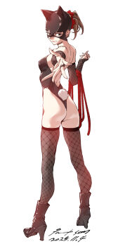 1girl ass black_leotard breasts bridal_gauntlets brown_eyes brown_hair fishnet_gloves fishnet_thighhighs fishnets full_body gloves high_heels highres leotard mask nabipenciller original ponytail reaching reaching_towards_viewer rope small_breasts smile solo thighhighs