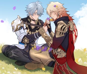 Rule 34 | 2boys, absurdres, antenna hair, arm tattoo, armlet, armor, armored boots, back tattoo, black boots, black choker, black coat, black gloves, black shirt, blonde hair, blue eyes, blue sky, boots, braid, choker, clawed gauntlets, coat, commentary, earrings, english commentary, facial tattoo, falling petals, fingerless gloves, flower, gloves, gold earrings, gold necklace, gradient hair, grass, highres, honkai: star rail, honkai (series), hyacinth, jewelry, knee boots, male focus, medium hair, multicolored hair, multiple boys, mydei (honkai: star rail), neck tattoo, necklace, open clothes, open coat, parted bangs, pauldrons, petals, phainon (honkai: star rail), reachthedawn, red hair, red tattoo, shirt, short hair, shoulder armor, side braid, single glove, single pauldron, sitting, sky, tattoo, white coat, white hair, yaoi, yellow eyes