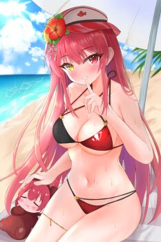 Rule 34 | 2girls, absurdres, beach, beach umbrella, bikini, blue sky, breasts, cleavage, cloud, day, flower, grin, hair flower, hair ornament, heterochromia, highres, hololive, houshou kumarine, houshou marine, houshou marine (holonatsu paradise), index finger raised, large breasts, long hair, looking at viewer, mini person, minigirl, multiple girls, navel, nironiro (qlcfud), ocean, outdoors, red eyes, red flower, red hair, revision, sky, smile, swimsuit, umbrella, very long hair, virtual youtuber, visor cap, wet, yellow eyes