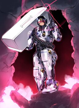 Rule 34 | 1boy, absurdres, ammunition belt, commentary, cyborg, english commentary, frown, gun, highres, holding, holding gun, holding weapon, looking up, male focus, parody, pillar buster, refrigerator, robocop, robocop (character), science fiction, smoke, solo, visor, weapon