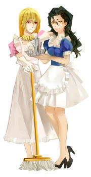 2girls alternate_costume apron black_hair blonde_hair coffee_pot diarmuid_ua_duibhne_(fate) diarmuid_ua_duibhne_(lancer)_(fate) dress elbow_gloves enmaided fate/stay_night fate/zero fate_(series) gender_request genderswap gilgamesh-ko gilgamesh_(fate) gloves jewelry kotomine_kirei long_dress long_hair long_skirt maid maid_apron moedai mop multiple_girls necklace red_eyes skirt smile tray yellow_eyes