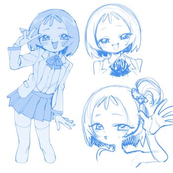 1girl blush commentary_request hair_down highres looking_at_viewer monochrome multiple_views ojamajo_doremi one_side_up open_mouth panties school_uniform segawa_onpu short_hair sketch skirt smile thighhighs ukokkei underwear unworn_panties v zettai_ryouiki