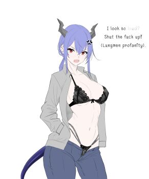 1girl absurdres alternate_costume anger_vein arknights black_bra black_panties blue_hair blue_pants blush bra ch&#039;en_(arknights) collarbone commentary cowboy_shot denim dragon_girl dragon_horns dragon_tail english_commentary english_text gladius_pvp grey_shirt hands_in_pockets highleg highleg_panties highres horns jeans lace lace-trimmed_bra lace_trim long_hair looking_at_viewer navel open_clothes open_mouth open_shirt panties pants profanity red_eyes shirt solo stomach tail teeth underwear unzipped white_background