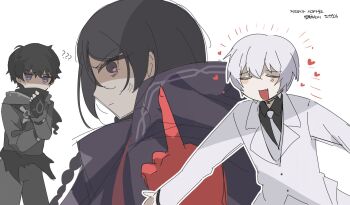 1girl 2boys ? ?? anger_vein black_hair braid chibi closed_eyes commentary_request fang fate/strange_fake fate_(series) formal_clothes grey_hair grey_necktie heart highres hood hood_down jester_karture korean_commentary korean_text long_hair long_sleeves looking_at_another middle_finger multiple_boys necktie no_name_assassin_(fate) partially_shaded_face purple_eyes rnqntm short_hair sigma_(fate) simple_background suit translation_request white_background white_suit zabaniya_(fate)