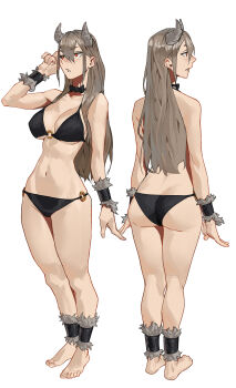 absurdres arm_warmers armlet ass barefoot bikini black_bikini black_bow black_bowtie blonde_hair bow bowtie breasts collarbone demon_horns from_behind full_body fur-trimmed_arm_warmers fur-trimmed_leg_warmers fur_trim hair_between_eyes hair_over_shoulder half-closed_eyes highres horns jewelry large_breasts leg_warmers long_hair multiple_views navel o-ring o-ring_bikini o-ring_bikini_bottom original raised_eyebrows red_eyes sideboob sidelocks standing stomach swimsuit tbocart thighhighs toes underboob very_long_hair