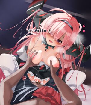 1boy 1girl :d assertive_female azur_lane bare_shoulders black_dress blush breasts censored clothed_sex clothes_pull commission cowgirl_position cross cum cum_in_pussy deep_penetration detached_sleeves dress dress_pull evil_smile frilled_dress frills girl_on_top grabbing_another&#039;s_breast groping hair_on_horn heart horns iron_cross leaning_forward long_hair medium_breasts nipples no_bra no_panties off-shoulder_dress off_shoulder open_mouth penis pink_hair prinz_rupprecht_(azur_lane) purple_eyes pussy pussy_juice ratunitu_en sex shaded_face skeb_commission smile solo spread_legs straddling thighhighs vaginal very_long_hair wide_sleeves