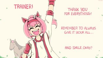 1girl absurdres animal_ears bow brown_horse closed_eyes creature_and_personification ear_bow ear_covers english_text facing_viewer fingerless_gloves flower gloves hairband haru_urara_(bestest_prize)_(umamusume) haru_urara_(racehorse) haru_urara_(umamusume) headband highres horse horse_ears horse_girl jacket lilpoplil2468 long_hair open_mouth personification pink_hair pink_headband ponytail real_life red_gloves red_headband shirt smile teeth umamusume upper_body upper_teeth_only waving white_jacket white_shirt