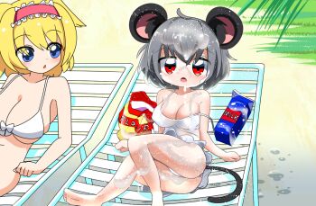 2girls alice_margatroid alternate_breast_size animal_ears beach_chair bikini blonde_hair blue_eyes blush breasts cleavage commentary_request cookie_(touhou) drink_carton flour frilled_hairband frills full_body grey_hair hairband large_breasts lets0020 looking_at_viewer milk_carton mouse_ears mouse_girl mouse_tail multiple_girls nazrin open_mouth red_eyes red_hairband sexually_suggestive short_hair strap_slip swimsuit tail touhou white_bikini