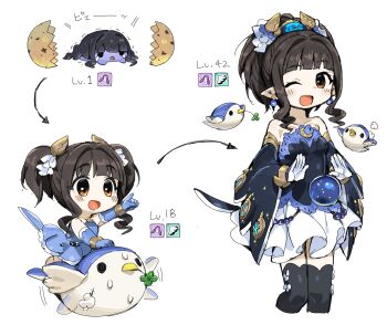 1girl :d bird black_hair black_legwear blue_dress blue_gloves blunt_bangs brown_eyes clover crescent cropped_legs crystal_ball detached_sleeves dress earrings egg elbow_gloves evolution flying frilled_skirt frills fujii_tomo gloves hatching highres idolmaster idolmaster_cinderella_girls jewelry level_up looking_at_viewer moon_(ornament) mount multiple_views one_eye_closed open_mouth pointing pointing_forward pointy_ears riding riding_bird simple_background skirt smile spawnfoxy stuffed_animal stuffed_bird stuffed_toy twintails white_background white_gloves white_skirt wide_sleeves