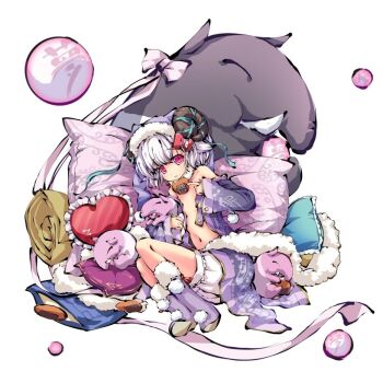 1girl :< animal bakuhime_(himegami_kagura) bare_shoulders bloomers boots bow closed_mouth collarbone curled_horns cushion flat_chest full_body hair_between_eyes himegami_kagura holding holding_animal horns long_sleeves looking_at_viewer lying ms06s navel official_art on_side parted_lips pillow pink_bow pink_eyes purple_boots purple_shirt second-party_source sheep_horns shirt simple_background solo tachi-e tapir underwear white_background white_hair wide_sleeves