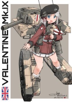 1girl absurdres beret black_hat box cannon caterpillar_tracks hat heart-shaped_box highres jacket long_sleeves mecha_musume military_vehicle miniskirt motor_vehicle original personification pleated_skirt red_jacket skirt solo tank tank_turret teisei_misagi union_jack valentine valentine_(tank) white_skirt