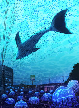 absurdres air_bubble animal_focus bubble building commentary_request cool_colored flood highres jellyfish no_humans original pizza_(pddc8233) power_lines scenery school_of_fish sign underwear whale