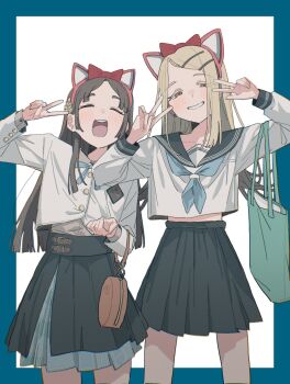 2girls absurdres animal_ears bag black_overskirt black_sailor_collar black_skirt blonde_hair blue_border blue_neckerchief blue_ribbon blush border bow brown_bag brown_hair brown_shirt cat_ears china closed_eyes collarbone collared_shirt colored_eyelashes commentary_request cowboy_shot cropped_jacket earrings fake_animal_ears full_burrrrrrst gakuen_idolmaster gradient_hair green_bag grey_hair grin hair_ornament hairclip half-closed_eyes hand_up hands_up hatsuboshi_gakuen_school_uniform highres idolmaster jacket jewelry kuramoto_china laurels long_hair long_sleeves midriff_peek multicolored_hair multiple_girls neck_ribbon neckerchief open_mouth orange_eyes outside_border parallel_hairclips parted_bangs pleated_skirt red_bow ribbon sailor_collar school_emblem school_uniform serafuku shinosawa_hiro shirt simple_background skirt smile standing stud_earrings swept_bangs v very_long_hair w white_background white_jacket white_shirt