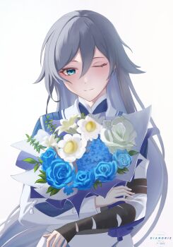 Rule 34 | 1girl, artist name, blue eyes, bouquet, chinese clothes, commentary, dianoriz1612, english commentary, flower, fu hua, fu hua (azure empyrea), fu hua (taixuan impression), grey hair, hair between eyes, highres, holding, holding bouquet, honkai (series), honkai impact 3rd, long hair, long sleeves, looking at viewer, one eye closed, pixiv username, simple background, smile, solo, twitter username, upper body, very long hair, watermark, white background