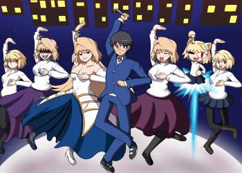 Rule 34 | 1boy, 1girl, 6+girls, ahoge, animal ears, antenna hair, archetype earth, arcueid brunestud, bare shoulders, blonde hair, blush, breasts, cat ears, cat girl, chibi, cleavage, dancing, detached sleeves, dress, dual persona, highres, holding, holding knife, imstupid13, jewelry, knife, long hair, long sleeves, looking at viewer, medium breasts, melty blood, moon, multiple girls, neco-arc, neco spirit, open mouth, pantyhose, red arcueid, red eyes, short hair, skirt, smile, strapless, strapless dress, sweater, tohno shiki, tsukihime, tsukihime (remake), turtleneck, very long hair, white sweater