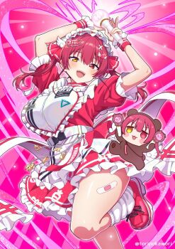 1girl alternate_costume apron bandaid_on_thigh breasts commentary_request dress hair_ribbon heterochromia holding holding_microphone hololive houshou_kumarine houshou_marine large_breasts looking_at_viewer microphone open_mouth red_dress red_eyes red_hair red_ribbon red_shoes ribbon shoes smile socks solo torinokawori virtual_youtuber white_apron white_socks yellow_eyes