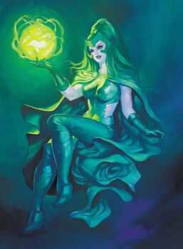 1girl aqua_background bodysuit boots cape clothing_cutout commentary english_commentary eyeshadow gloves glowing green_background green_bodysuit green_boots green_cape green_eyes green_eyeshadow green_gloves green_hair green_lips green_theme half_updo highres hip_vent invisible_chair long_hair lorna_dane makeup marvel meghan_hetrick oil_painting_(medium) orb painting_(medium) parted_lips polaris_(x-men) sitting sleeveless sleeveless_bodysuit solo traditional_media western_comics_(style) x-men