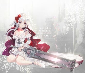 1girl alternate_costume anklet blood blood_on_clothes braid castle choker closed_mouth commentary_request dress english_text expressionless flower frilled_dress frills grey_eyes hair_ornament high_heels highres holding holding_sword holding_weapon jewelry looking_at_viewer outdoors red_flower red_rose rose shiro_snow short_hair single_sidelock sinoalice sitting snow_white_(sinoalice) solo sword torn_clothes veil watermark weapon white_dress